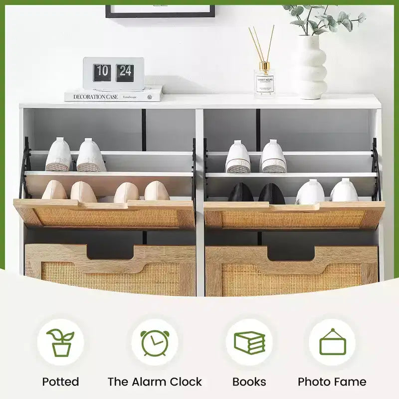 4-Drawer Shoe Storage Cabinet Farmhouse Rattan Organizer with Metal Legs for Entryway/Closet