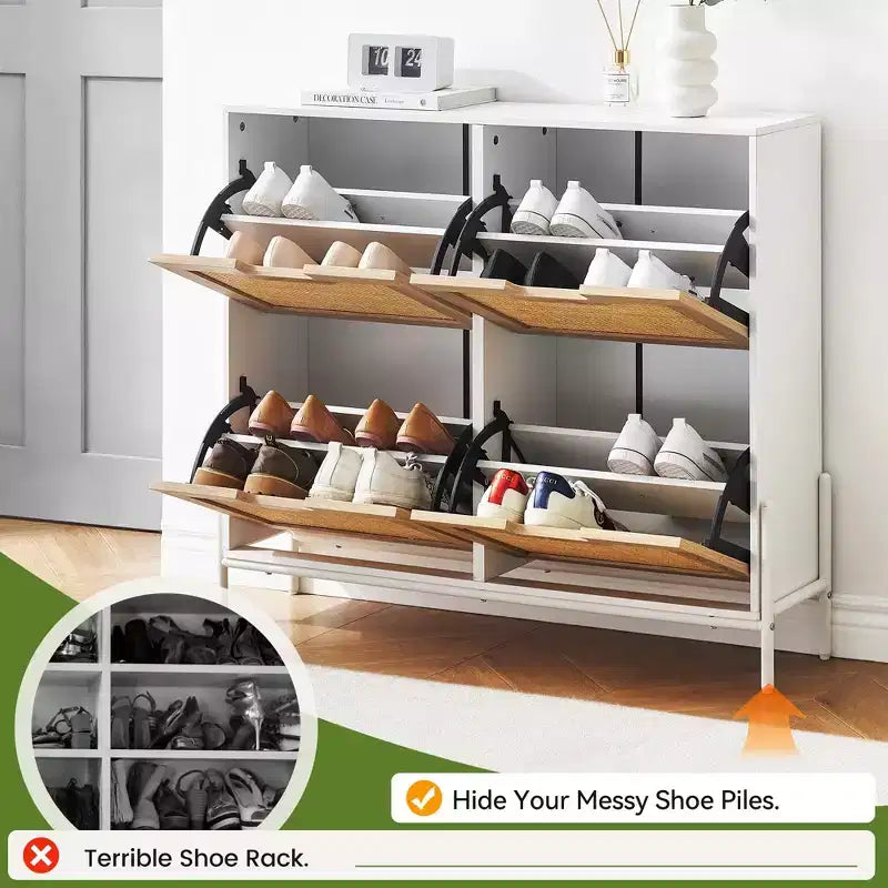 4-Drawer Shoe Storage Cabinet Farmhouse Rattan Organizer with Metal Legs for Entryway/Closet