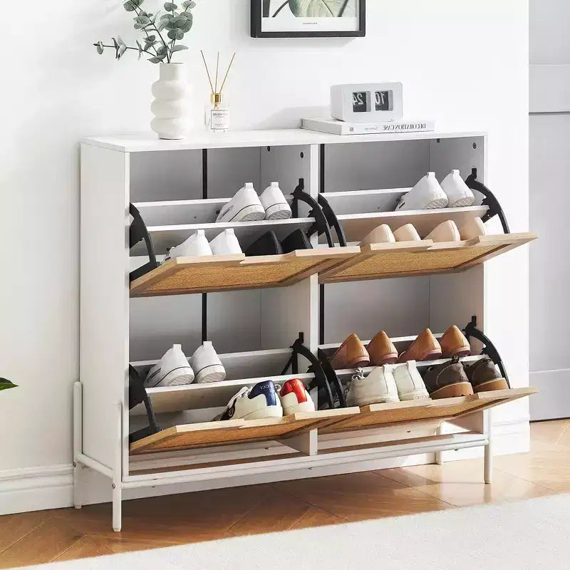 4-Drawer Shoe Storage Cabinet Farmhouse Rattan Organizer with Metal Legs for Entryway/Closet