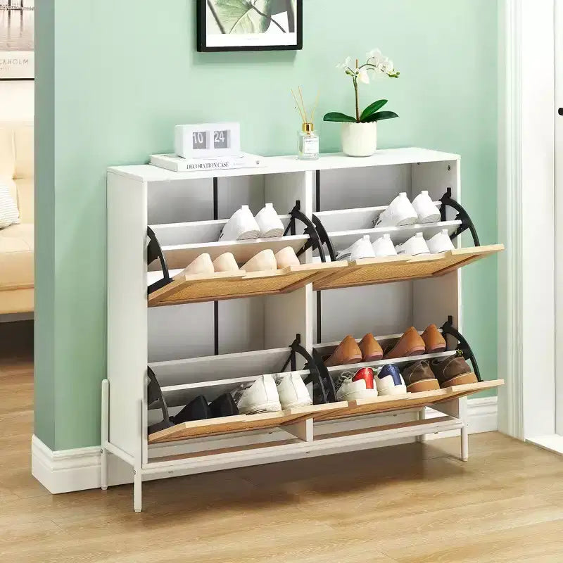 4-Drawer Shoe Storage Cabinet Farmhouse Rattan Organizer with Metal Legs for Entryway/Closet
