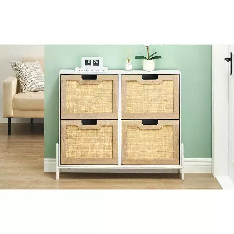 4-Drawer Shoe Storage Cabinet Farmhouse Rattan Organizer with Metal Legs for Entryway/Closet