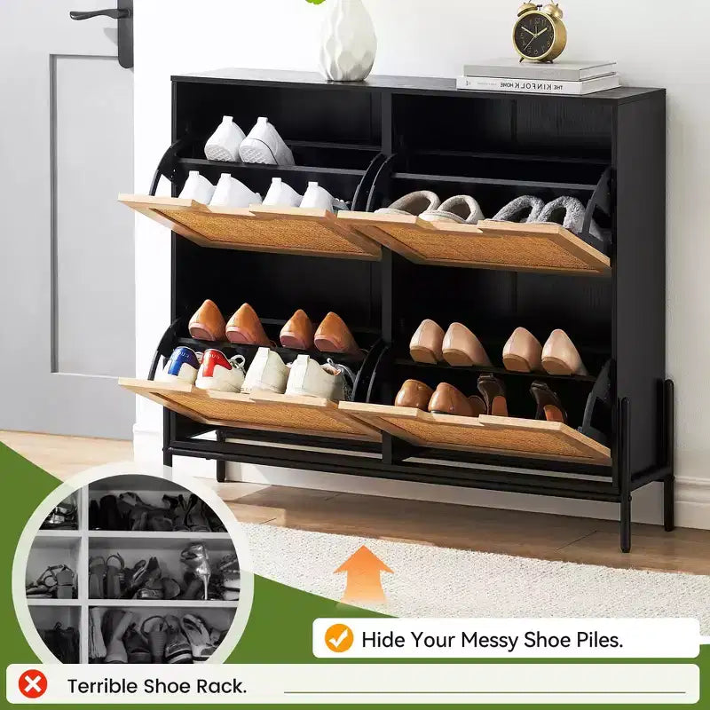 4-Drawer Shoe Storage Cabinet Farmhouse Rattan Organizer with Metal Legs for Entryway/Closet