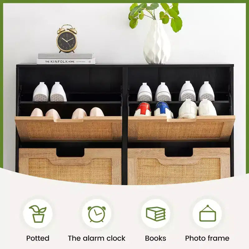 4-Drawer Shoe Storage Cabinet Farmhouse Rattan Organizer with Metal Legs for Entryway/Closet
