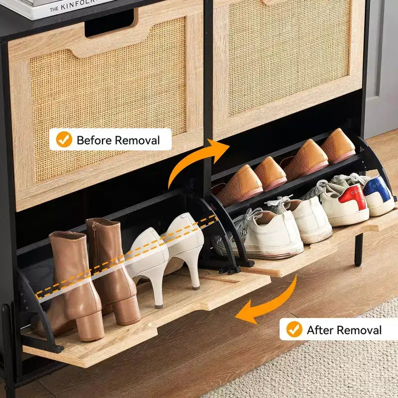 4-Drawer Shoe Storage Cabinet Farmhouse Rattan Organizer with Metal Legs for Entryway/Closet
