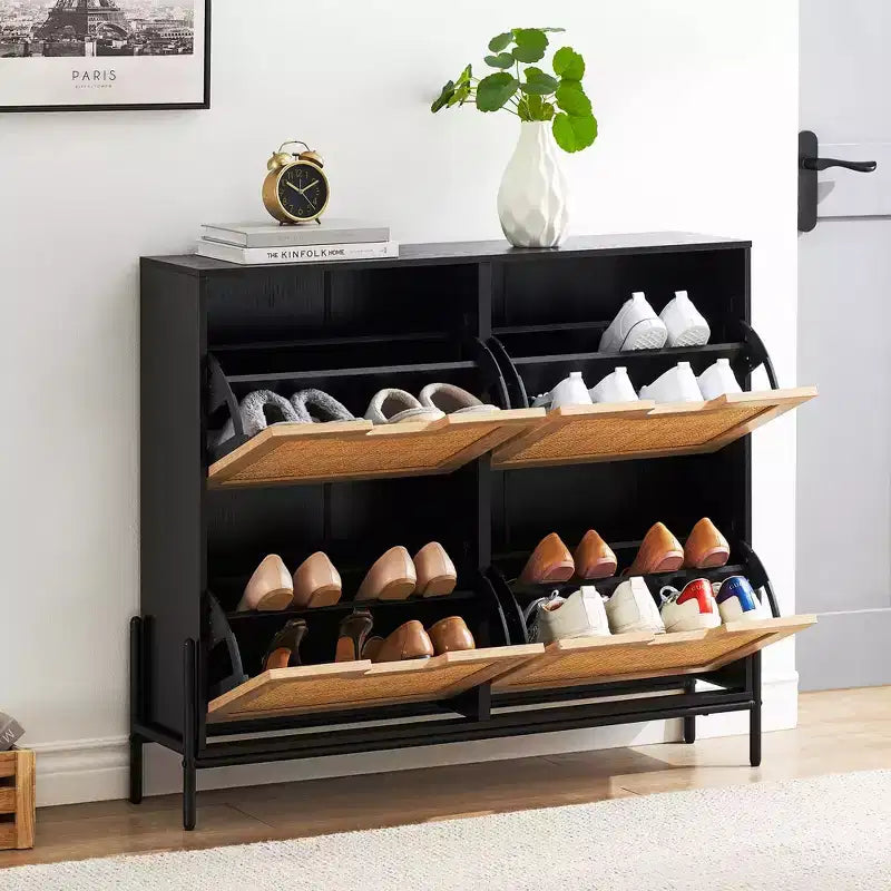 4-Drawer Shoe Storage Cabinet Farmhouse Rattan Organizer with Metal Legs for Entryway/Closet