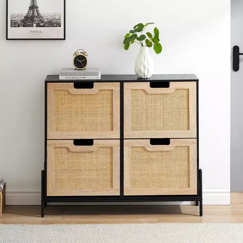 4-Drawer Shoe Storage Cabinet Farmhouse Rattan Organizer with Metal Legs for Entryway/Closet