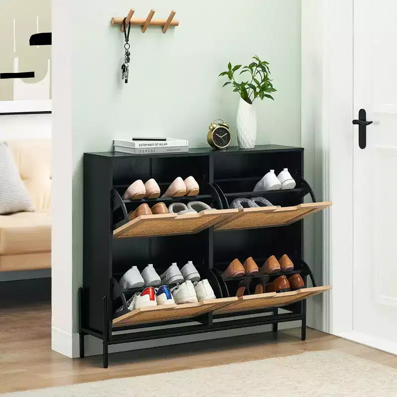 4-Drawer Shoe Storage Cabinet Farmhouse Rattan Organizer with Metal Legs for Entryway/Closet