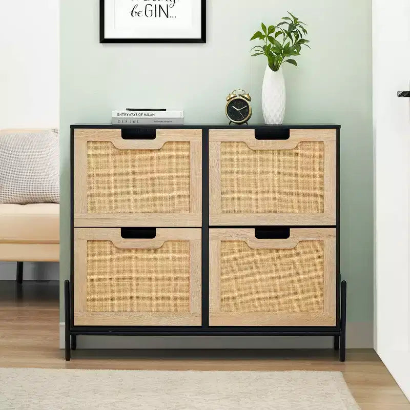 4-Drawer Shoe Storage Cabinet Farmhouse Rattan Organizer with Metal Legs for Entryway/Closet