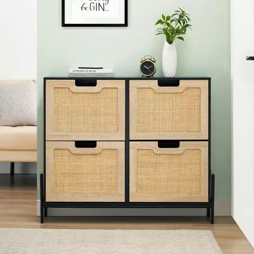 4-Drawer Shoe Storage Cabinet Farmhouse Rattan Organizer with Metal Legs for Entryway/Closet
