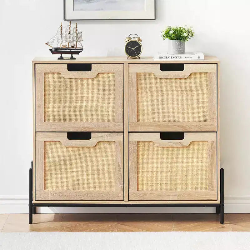 4-Drawer Shoe Storage Cabinet Farmhouse Rattan Organizer with Metal Legs for Entryway/Closet
