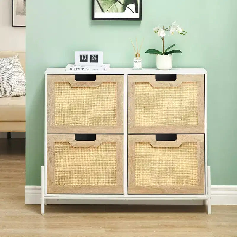 4-Drawer Shoe Storage Cabinet Farmhouse Rattan Organizer with Metal Legs for Entryway/Closet