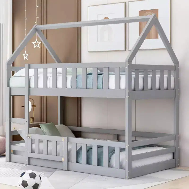 Okak 77IN Twin-Over-Twin Kids Bunk Bed with House Frame Decoration, Twin Bed with Fence and Door, Bed Frames for Kids Room, Play Room, Gray