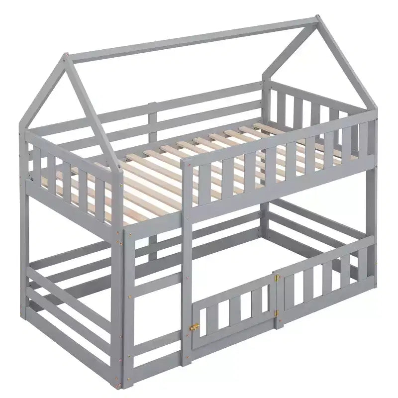 Okak 77IN Twin-Over-Twin Kids Bunk Bed with House Frame Decoration, Twin Bed with Fence and Door, Bed Frames for Kids Room, Play Room, Gray
