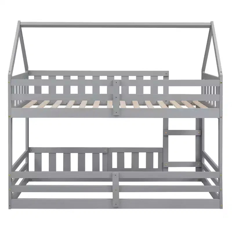 Okak 77IN Twin-Over-Twin Kids Bunk Bed with House Frame Decoration, Twin Bed with Fence and Door, Bed Frames for Kids Room, Play Room, Gray