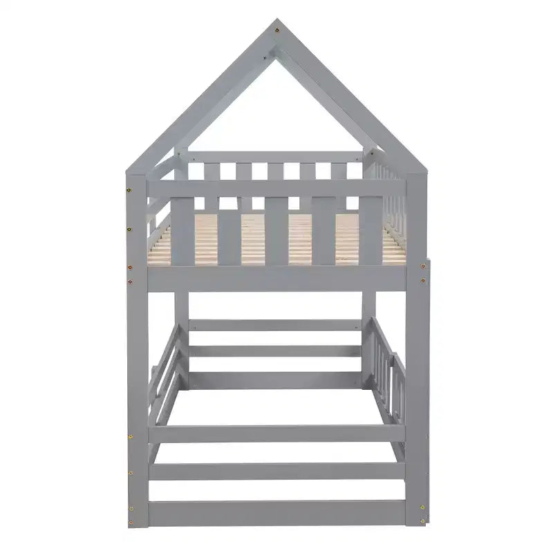 Okak 77IN Twin-Over-Twin Kids Bunk Bed with House Frame Decoration, Twin Bed with Fence and Door, Bed Frames for Kids Room, Play Room, Gray