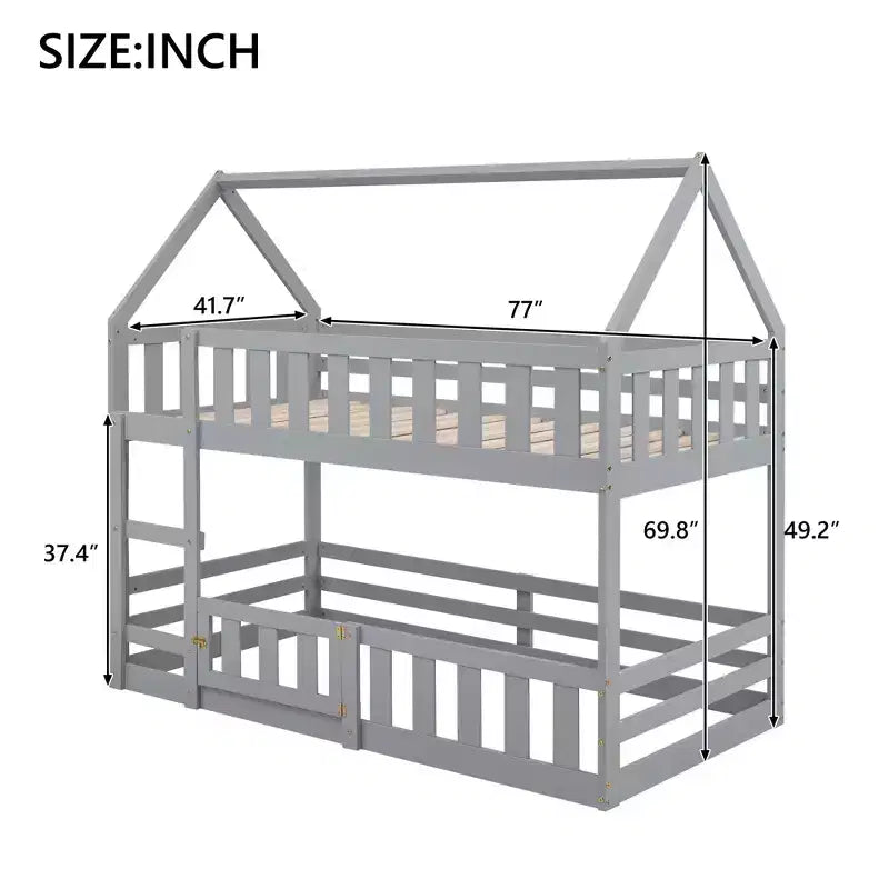 Okak 77IN Twin-Over-Twin Kids Bunk Bed with House Frame Decoration, Twin Bed with Fence and Door, Bed Frames for Kids Room, Play Room, Gray
