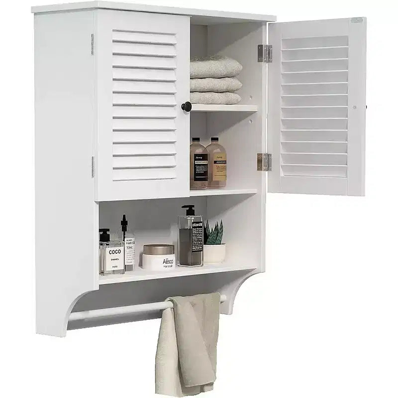 GDFStudio Fiona Modern Wall-Mounted Bathroom Cabinet with 1 Towel Bar, 2 Louvered Doors and Shelves