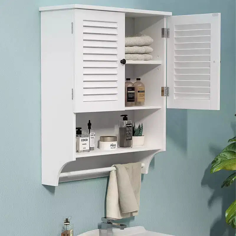 GDFStudio Fiona Modern Wall-Mounted Bathroom Cabinet with 1 Towel Bar, 2 Louvered Doors and Shelves