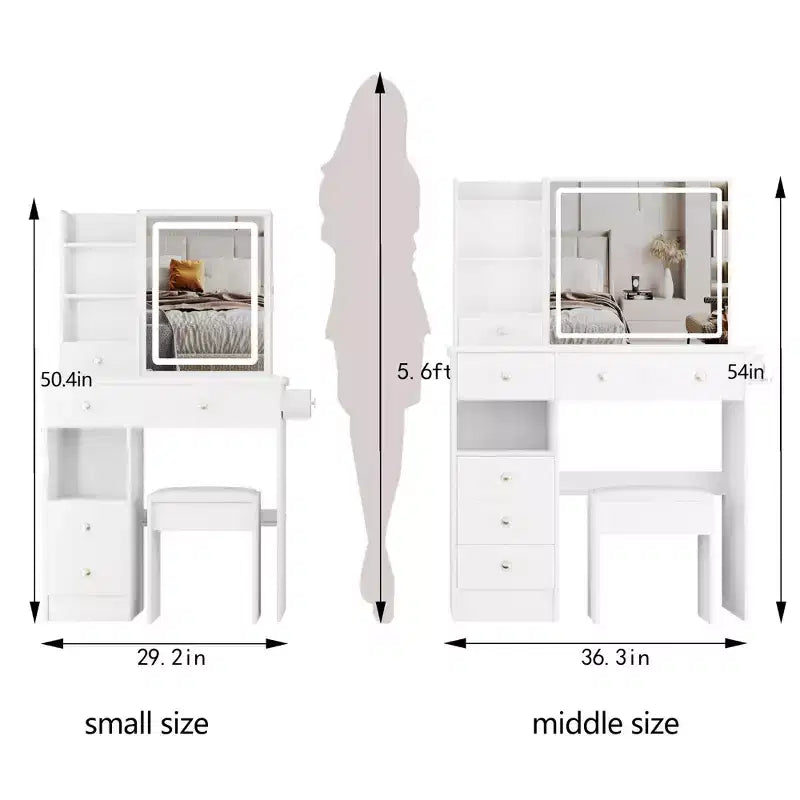 Okak Modern Bedside Cabinet Vanity Table with Touch Control LED Mirror,Dressing Desk with Cushioned Stool,Makeup Table Set for Bedrooms