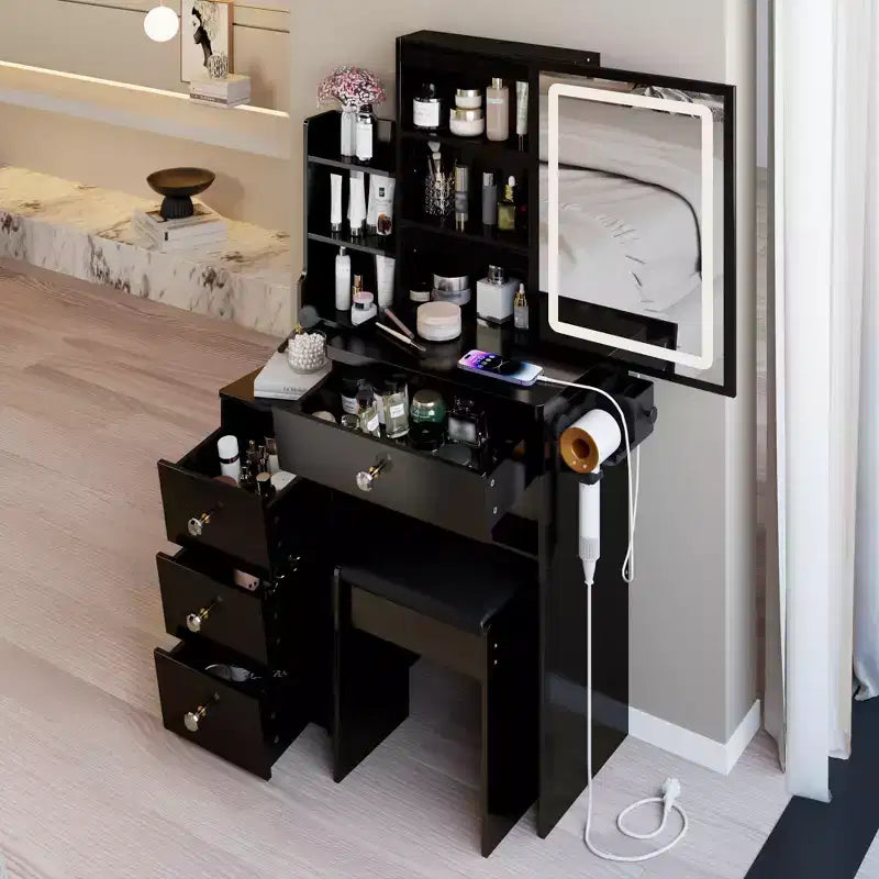 Okak Modern Bedside Cabinet Vanity Table with Touch Control LED Mirror,Dressing Desk with Cushioned Stool,Makeup Table Set for Bedrooms