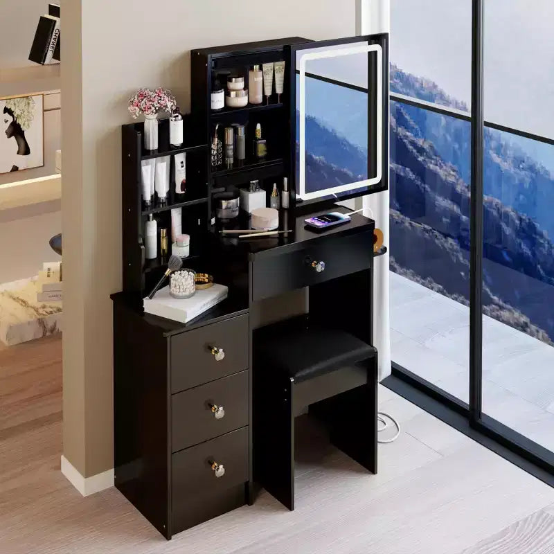 Okak Modern Bedside Cabinet Vanity Table with Touch Control LED Mirror,Dressing Desk with Cushioned Stool,Makeup Table Set for Bedrooms