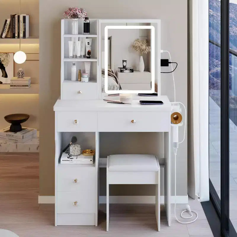 Okak Modern Bedside Cabinet Vanity Table with Touch Control LED Mirror,Dressing Desk with Cushioned Stool,Makeup Table Set for Bedrooms