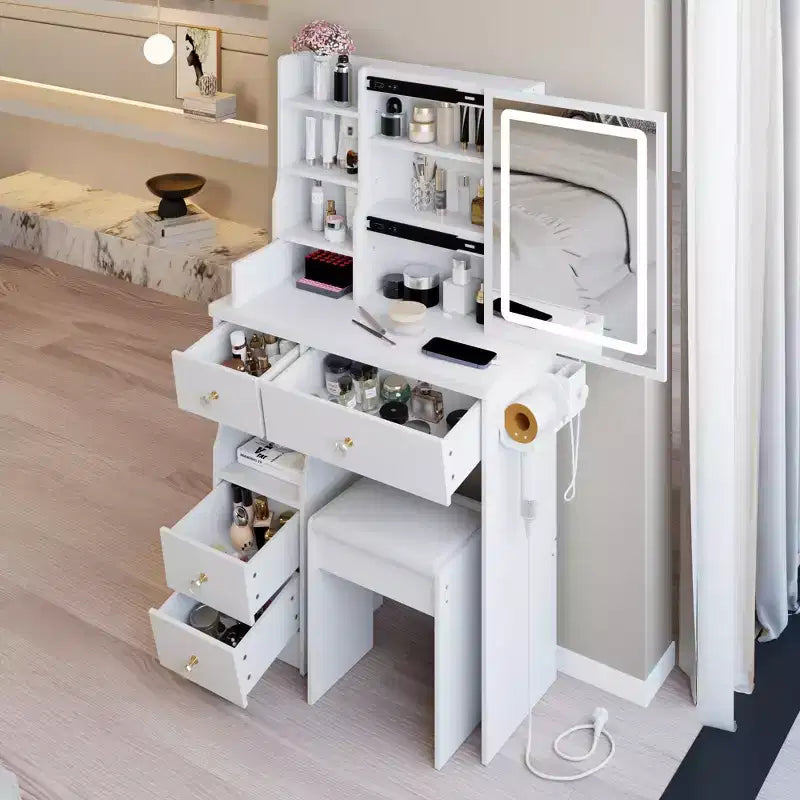 Okak Modern Bedside Cabinet Vanity Table with Touch Control LED Mirror,Dressing Desk with Cushioned Stool,Makeup Table Set for Bedrooms