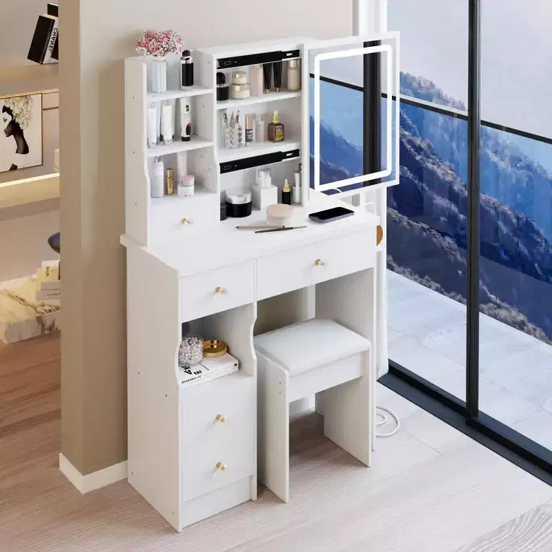 Okak Modern Bedside Cabinet Vanity Table with Touch Control LED Mirror,Dressing Desk with Cushioned Stool,Makeup Table Set for Bedrooms
