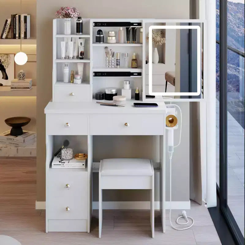 Okak Modern Bedside Cabinet Vanity Table with Touch Control LED Mirror,Dressing Desk with Cushioned Stool,Makeup Table Set for Bedrooms