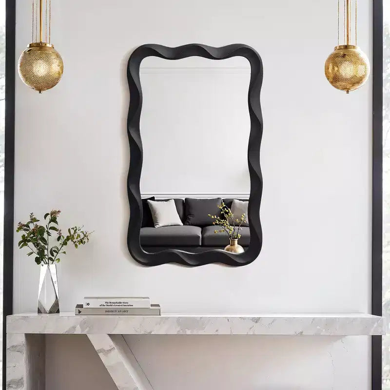 LuxenHome Modern Black MDF Wood Wavy Rectangle Wall Mirror, 35.4 H x 21.65 W Home Decor