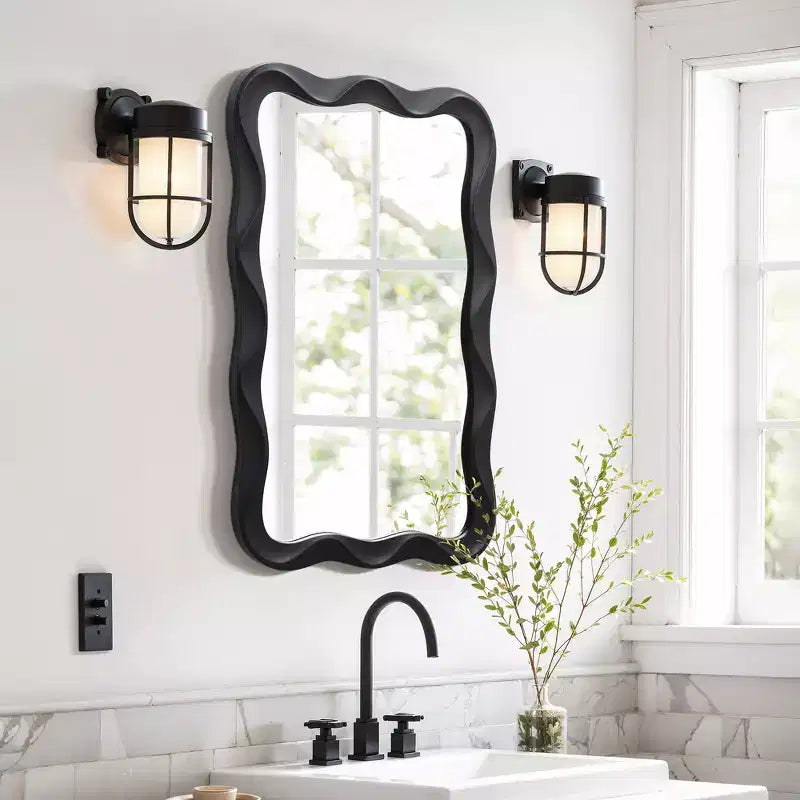 LuxenHome Modern Black MDF Wood Wavy Rectangle Wall Mirror, 35.4 H x 21.65 W Home Decor