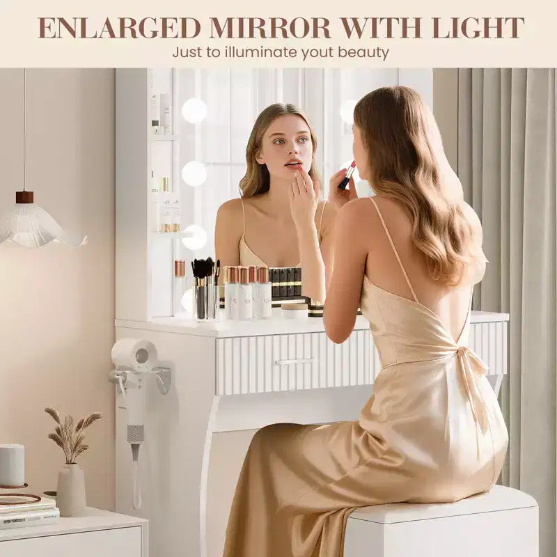 Garvee Makeup Vanity Desk with Mirror and 12 LED Lights, Modern Dressing Table Furniture with Hair Dryer Holder Stool for Bedroom