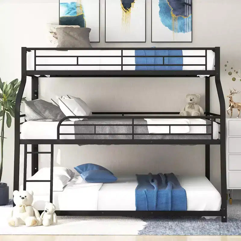 Twin XL Full XL over Queen Metal Triple Bunk Bed Frames for 3 Kids with Built-in Ladder and Full-Length Safety Guardrails