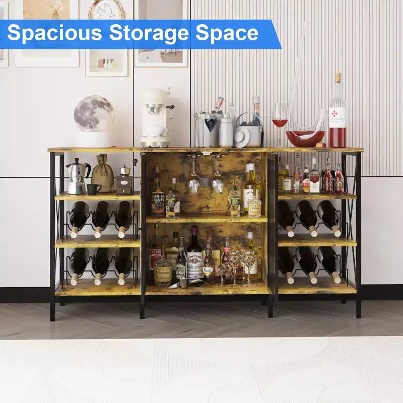 TruAIR Farmhouse Wine Bar Cabinet with LED Light, Industrial Coffee Bar with Wine Rack and Glass Holder