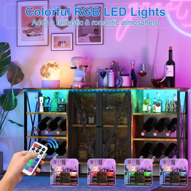 TruAIR Farmhouse Wine Bar Cabinet with LED Light, Industrial Coffee Bar with Wine Rack and Glass Holder