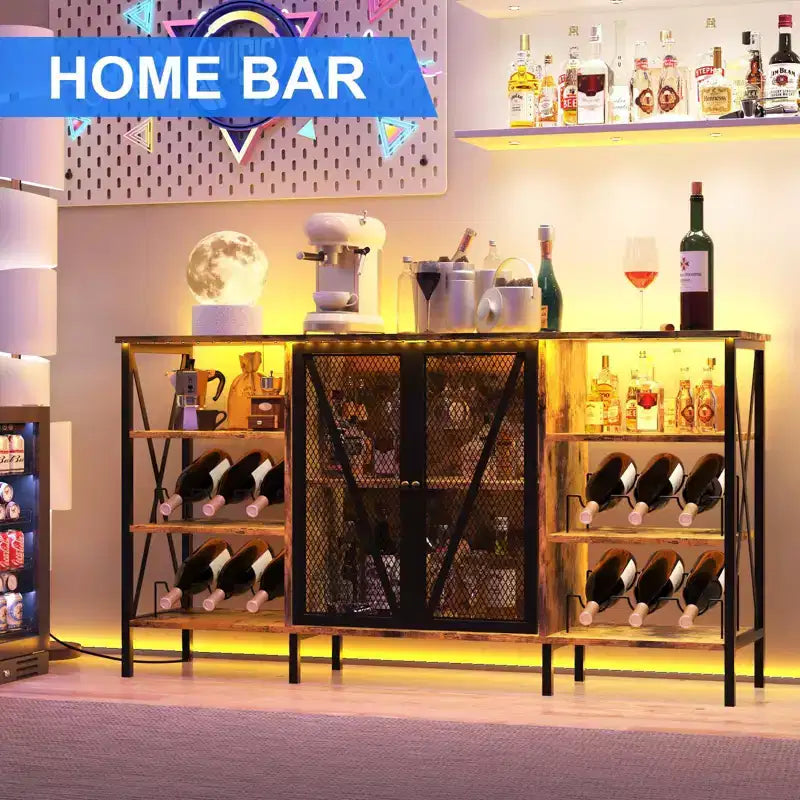 TruAIR Farmhouse Wine Bar Cabinet with LED Light, Industrial Coffee Bar with Wine Rack and Glass Holder
