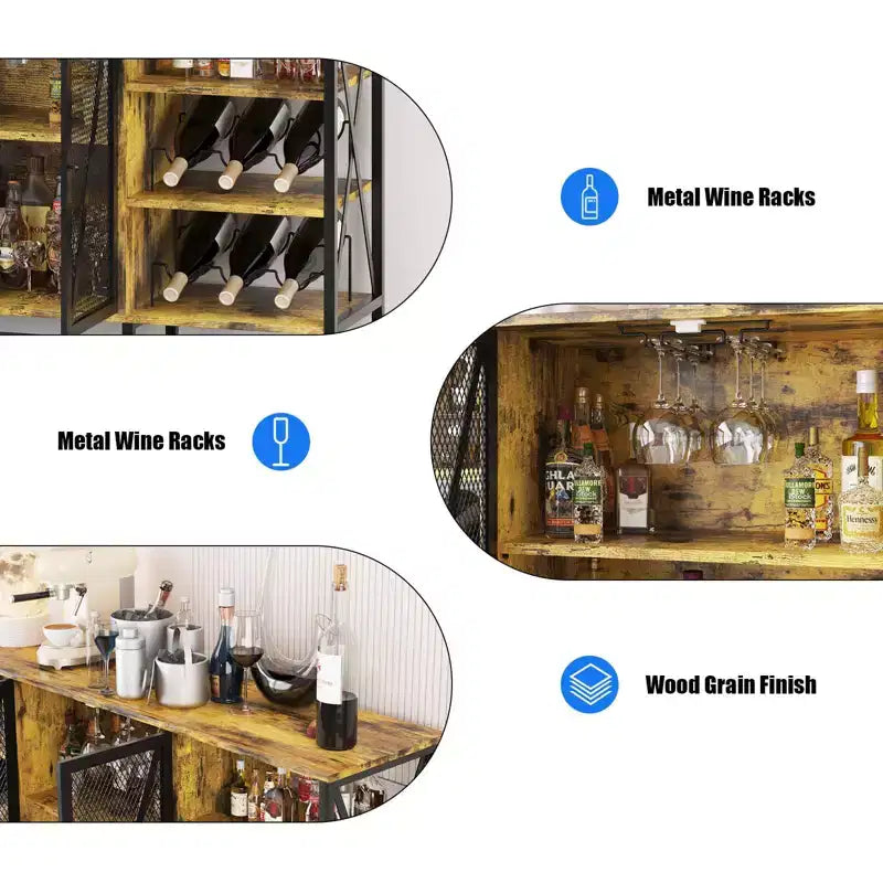 TruAIR Farmhouse Wine Bar Cabinet with LED Light, Industrial Coffee Bar with Wine Rack and Glass Holder