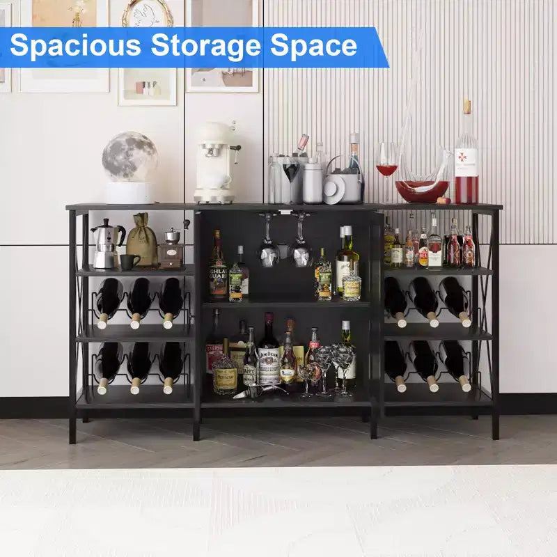 TruAIR Farmhouse Wine Bar Cabinet with LED Light, Industrial Coffee Bar with Wine Rack and Glass Holder