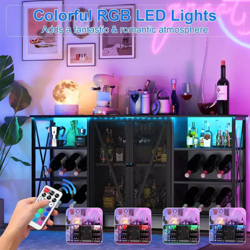 TruAIR Farmhouse Wine Bar Cabinet with LED Light, Industrial Coffee Bar with Wine Rack and Glass Holder