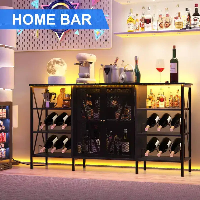 TruAIR Farmhouse Wine Bar Cabinet with LED Light, Industrial Coffee Bar with Wine Rack and Glass Holder