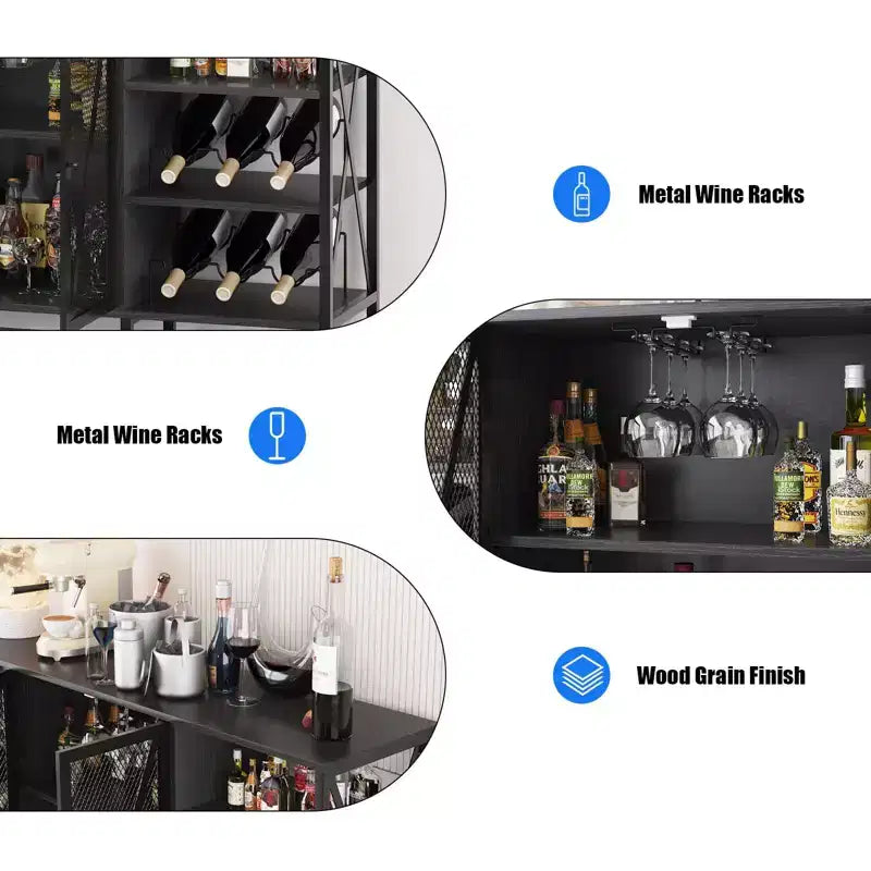TruAIR Farmhouse Wine Bar Cabinet with LED Light, Industrial Coffee Bar with Wine Rack and Glass Holder