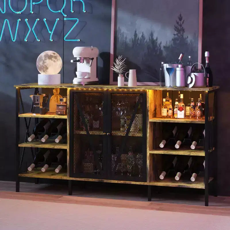 TruAIR Farmhouse Wine Bar Cabinet with LED Light, Industrial Coffee Bar with Wine Rack and Glass Holder