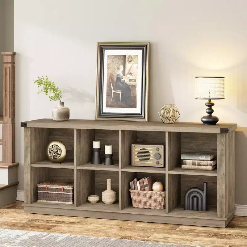 8 Cube Storage Organizer Bookshelf, Farmhouse Horizontal Bookcase, 62 Inch Wood Storage Bookcase for Entryway, Long Low Bookshelves for Living Room