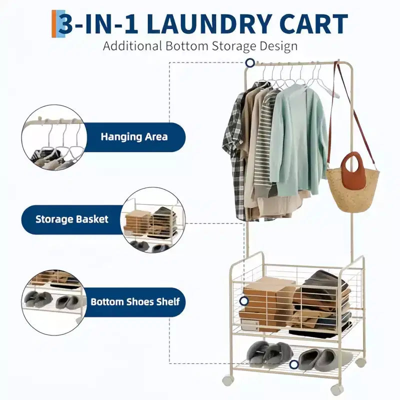 GustoWave 3-in-1 Laundry Cart with Hanging Rack, Metal Laundry Basket with Wheels, Gold