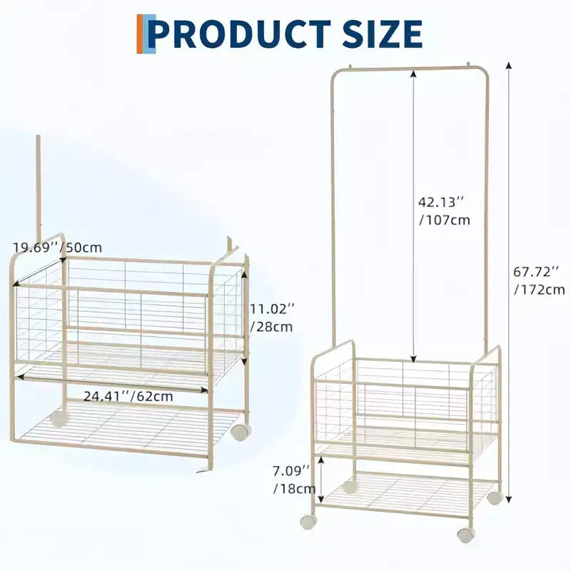 GustoWave 3-in-1 Laundry Cart with Hanging Rack, Metal Laundry Basket with Wheels, Gold