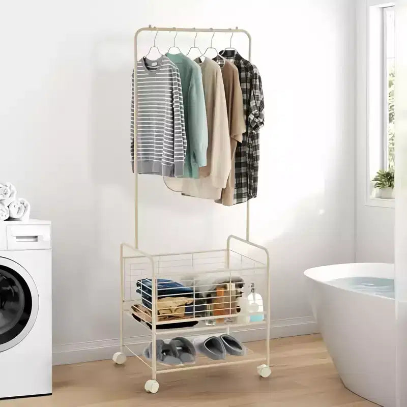 GustoWave 3-in-1 Laundry Cart with Hanging Rack, Metal Laundry Basket with Wheels, Gold