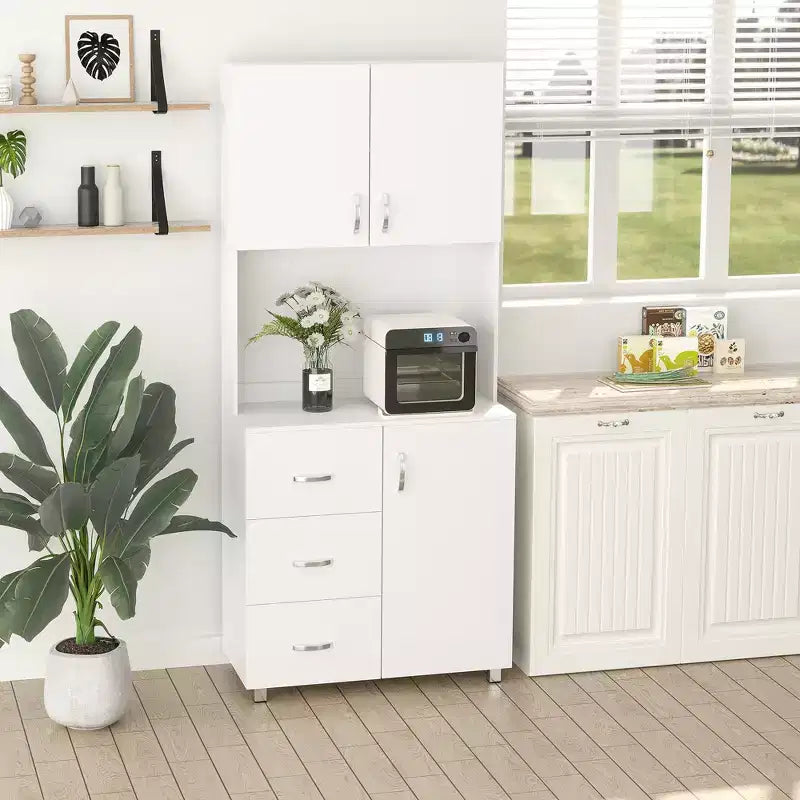Freestanding Kitchen Buffet with Hutch Storage Organizer with 2 Door Cabinets, 3 Drawers and Open Countertop, Adjustable Shelf