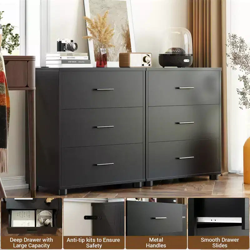 Besiost Set of 2 Wooden Storage Dressers with 3 Drawers, Closet Storage Cabinet and Nightstand