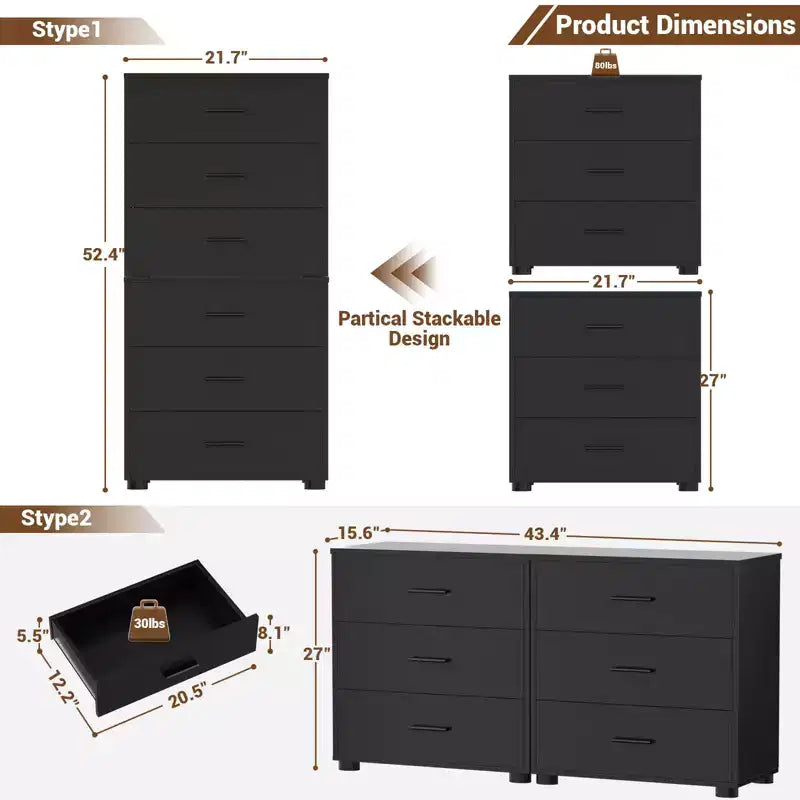 Besiost Set of 2 Wooden Storage Dressers with 3 Drawers, Closet Storage Cabinet and Nightstand