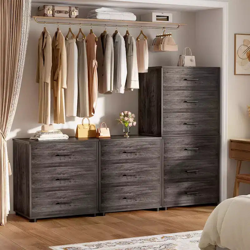 Besiost Set of 2 Wooden Storage Dressers with 3 Drawers, Closet Storage Cabinet and Nightstand